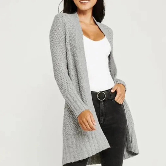 Abercrombie & Fitch BLACK Long Open Front Pocket Knit Cardigan Size Medium - Picture 7 of 7